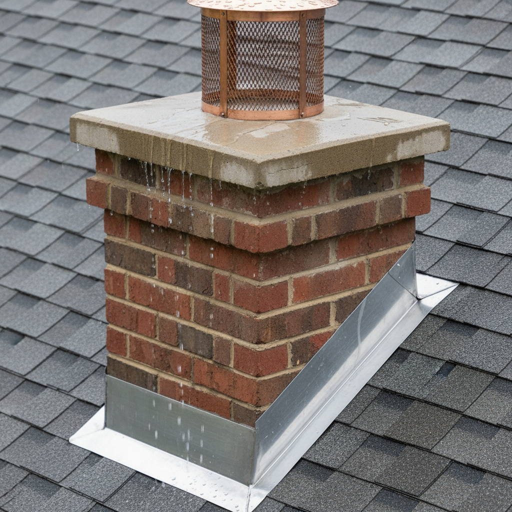 Close-up of a chimney on a residential roof during rain, showing water draining properly off the chimney cap and flashing, or pooling near a visible crack in the crown or lifted flashing.