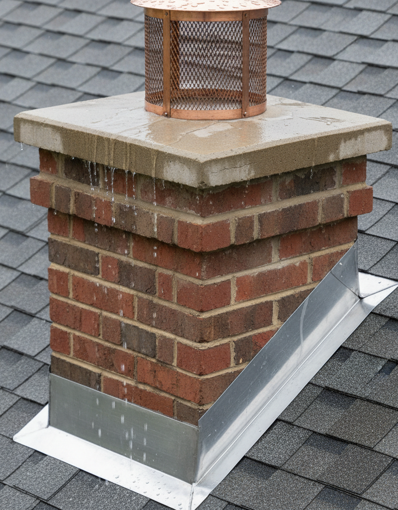 Close-up of a chimney on a residential roof during rain, showing water draining properly off the chimney cap and flashing, or pooling near a visible crack in the crown or lifted flashing.