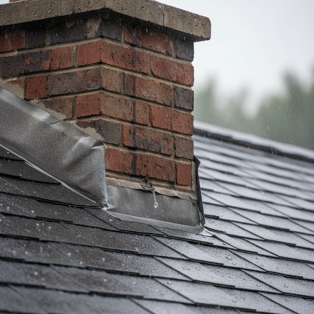 A close-up of a brick chimney during rain, showing water dripping from a crack in the crown, highlighting a common leak source.