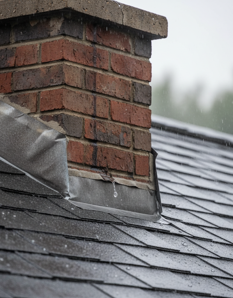 A close-up of a brick chimney during rain, showing water dripping from a crack in the crown, highlighting a common leak source.