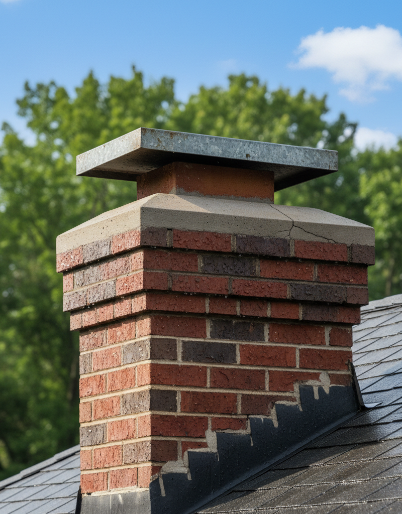 A residential brick chimney top showing a slightly askew cap and a hairline crack in the concrete crown, with a wet shingle roof in the background.