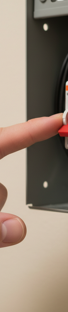 Homeowner pointing to a tripped circuit breaker in an electrical panel