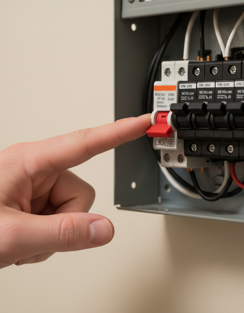 Homeowner pointing to a tripped circuit breaker in an electrical panel