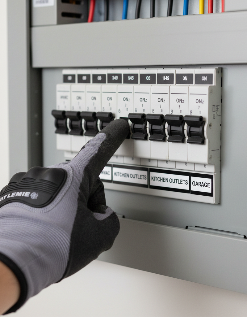 Hand pointing to a tripped circuit breaker in a home electrical panel