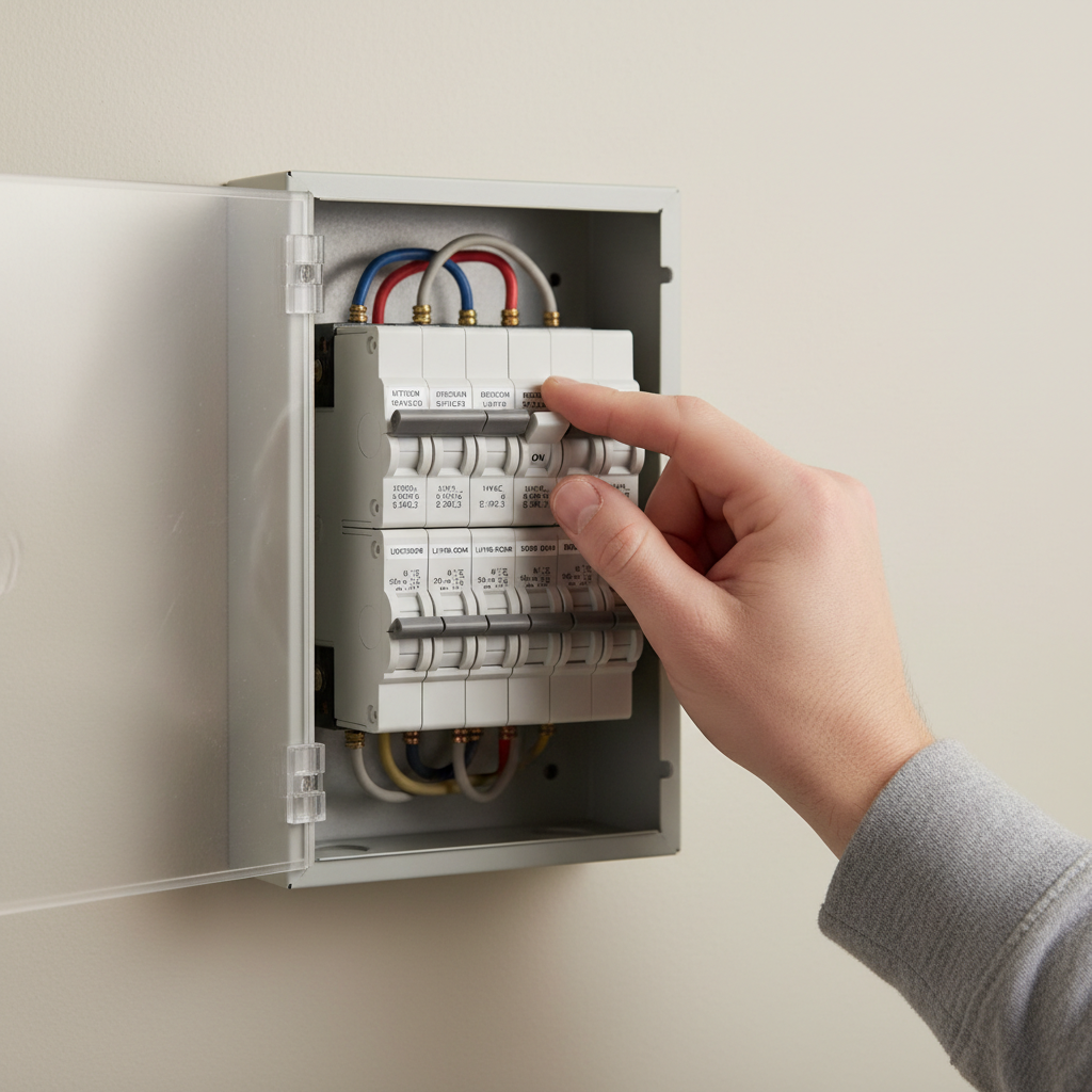 Hand resetting a tripped circuit breaker in a modern home electrical panel.