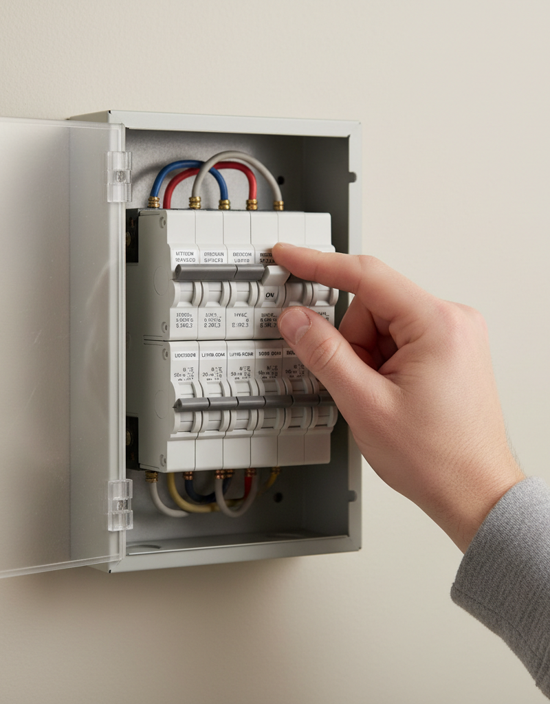 Hand resetting a tripped circuit breaker in a modern home electrical panel.