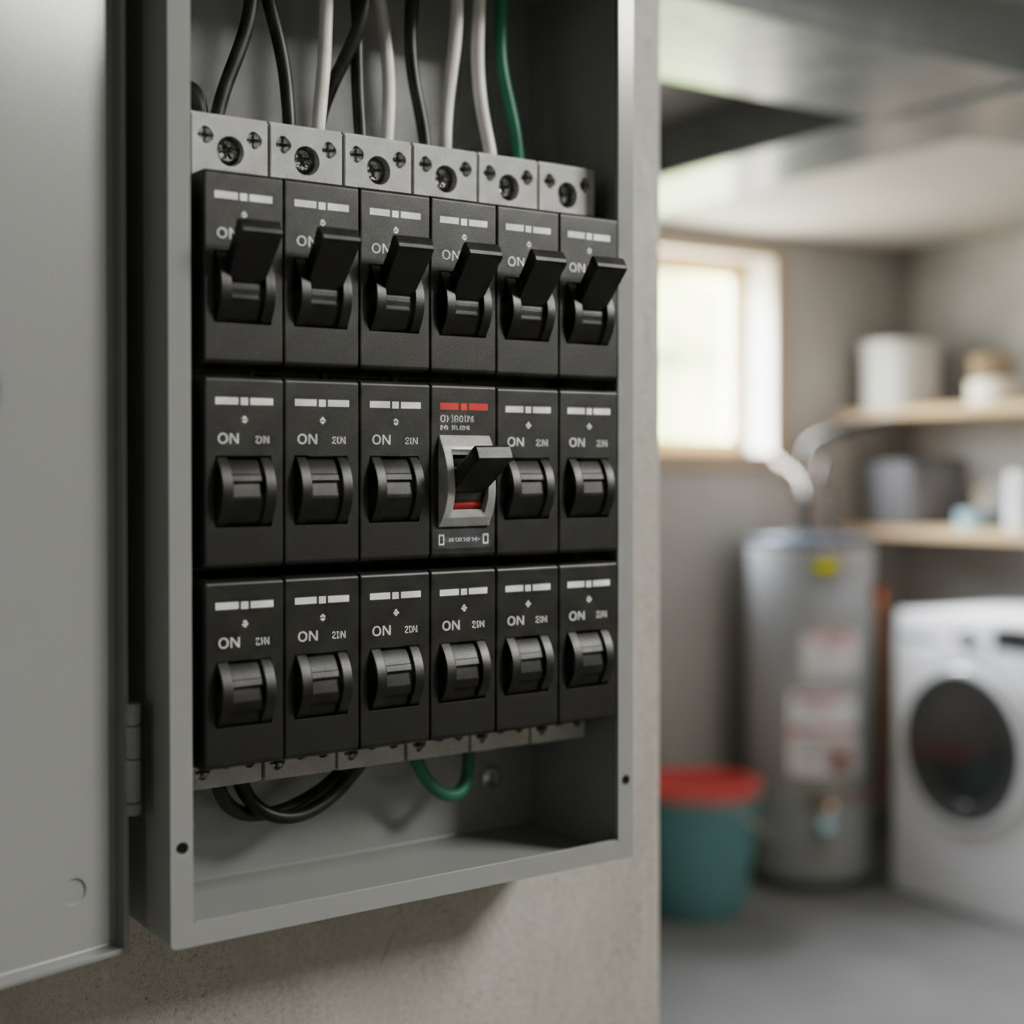 Tripped circuit breaker in a residential electrical panel, with one switch in the middle position.