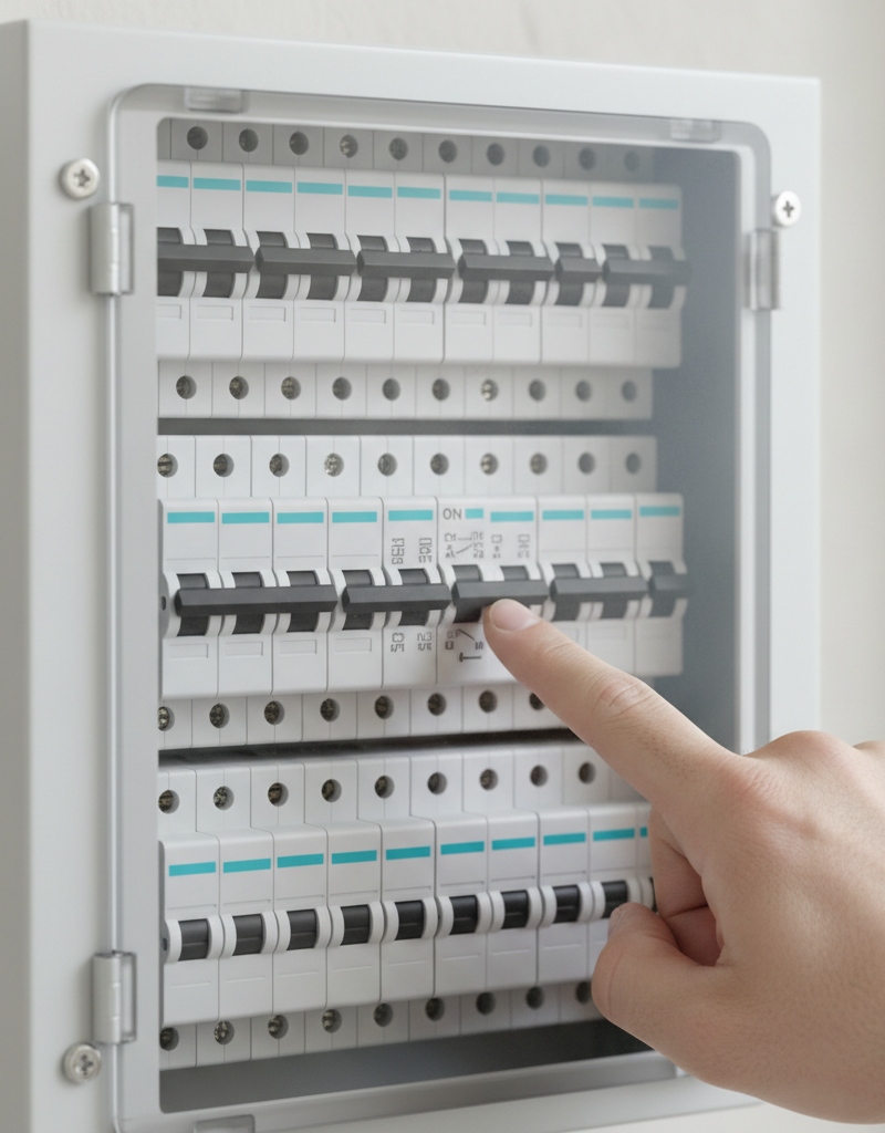 Homeowner identifying a tripped circuit breaker in a modern electrical panel.