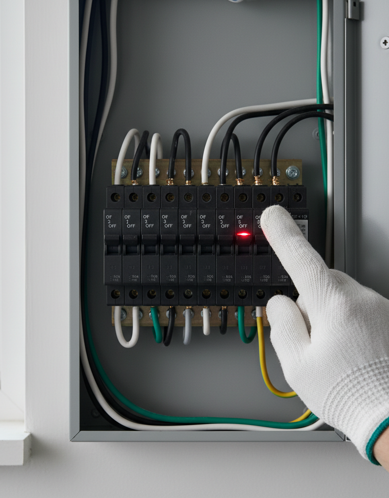 Homeowner resetting a tripped circuit breaker in an electrical panel