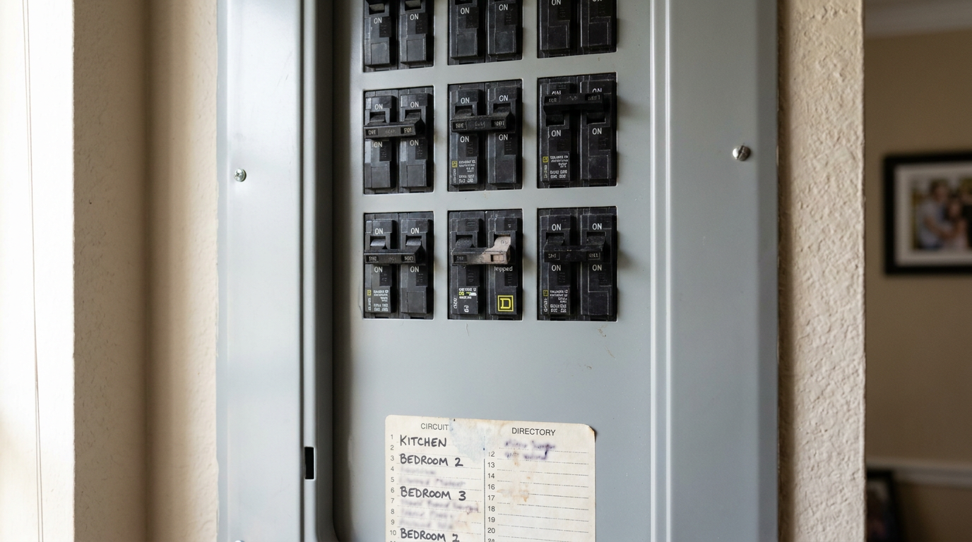 A tripped circuit breaker in a home electrical panel, with the switch out of alignment from the other breakers.