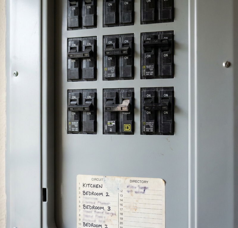 A tripped circuit breaker in a home electrical panel, with the switch out of alignment from the other breakers.