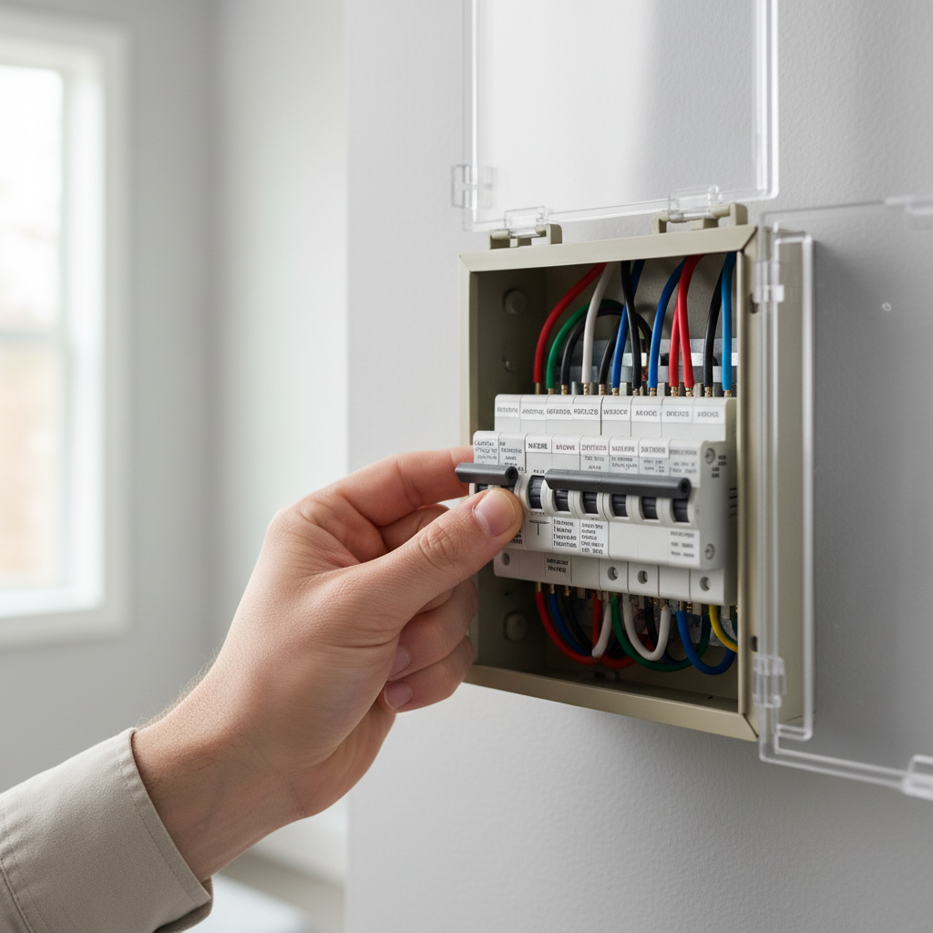 Hand resetting a tripped circuit breaker in a home electrical panel