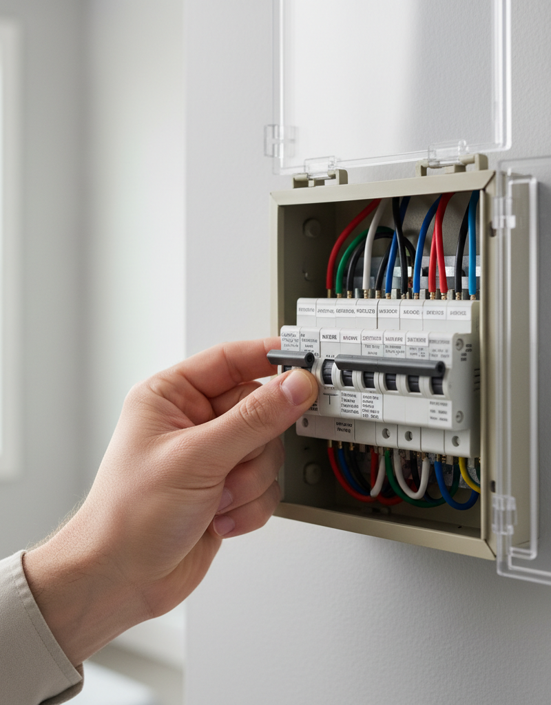 Hand resetting a tripped circuit breaker in a home electrical panel