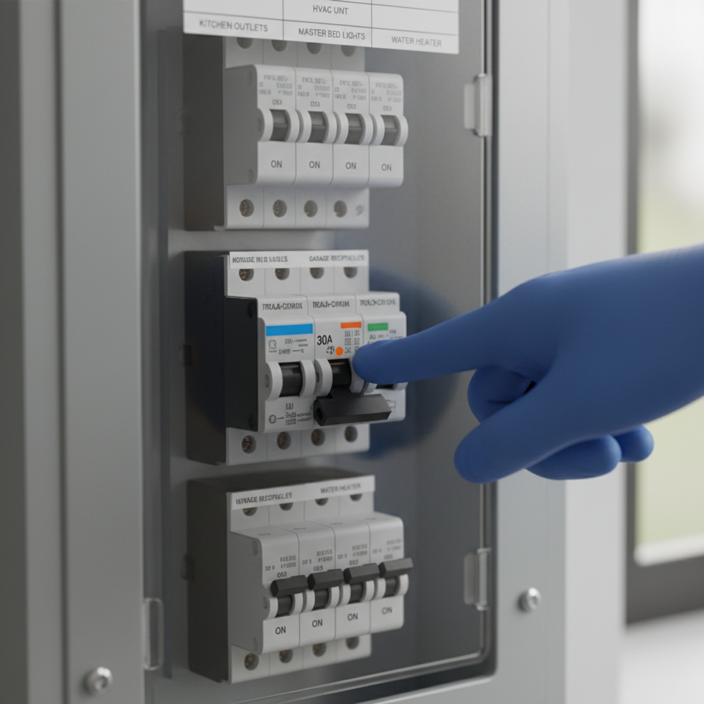 Homeowner's hand pointing at a tripped circuit breaker in a modern electrical panel to indicate a fault.