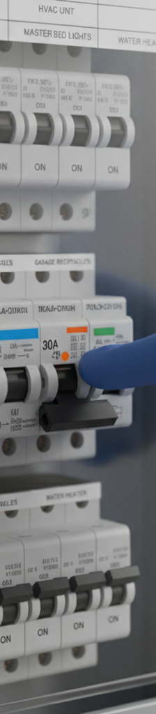 Homeowner's hand pointing at a tripped circuit breaker in a modern electrical panel to indicate a fault.