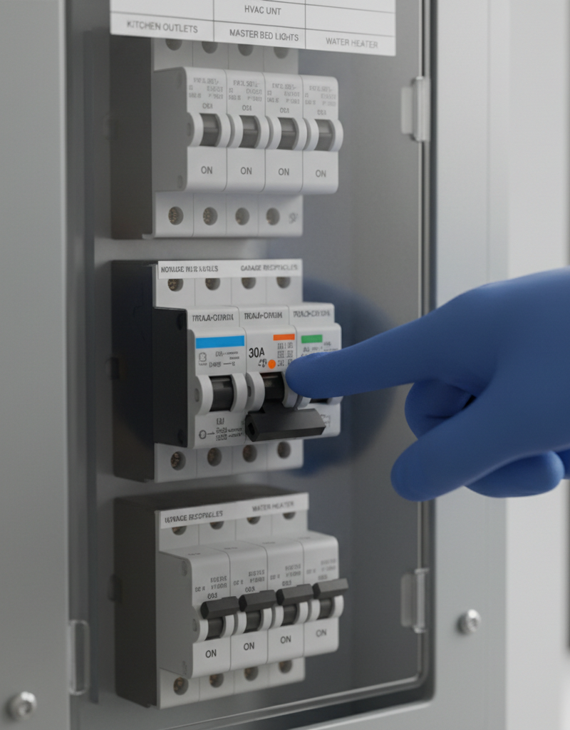 Homeowner's hand pointing at a tripped circuit breaker in a modern electrical panel to indicate a fault.