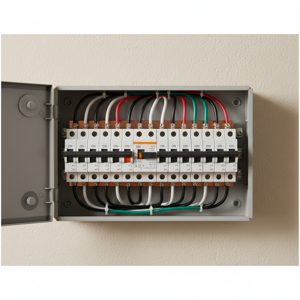 Tripped circuit breaker visible in a home electrical panel