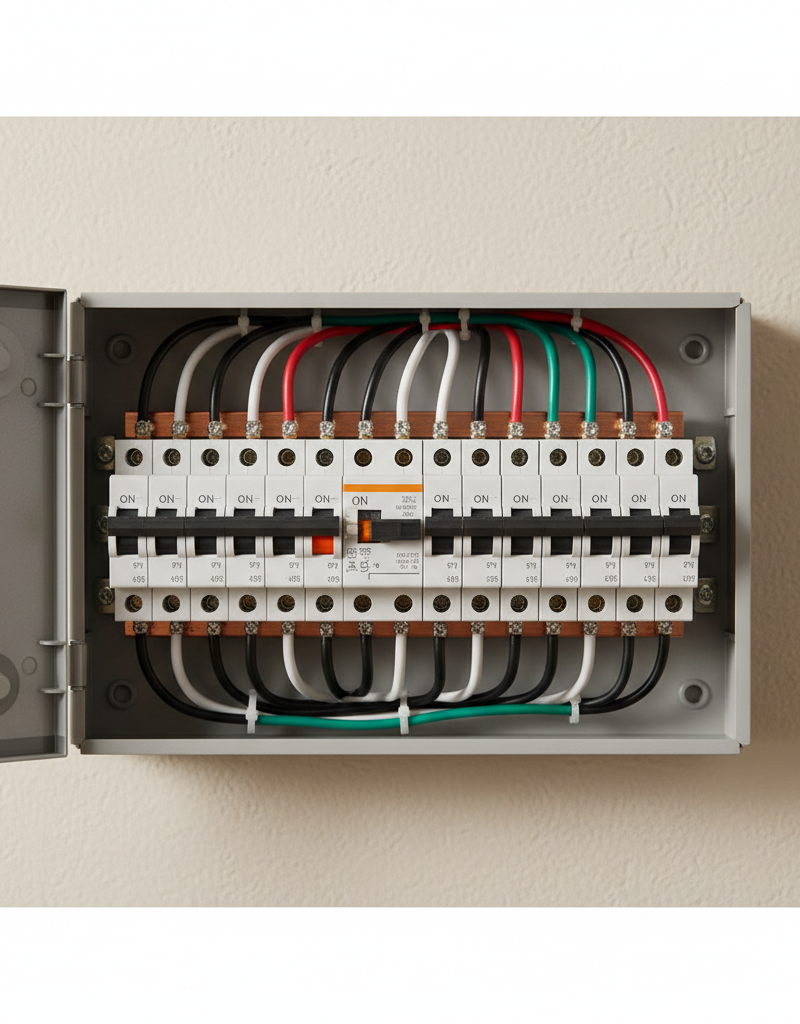 Tripped circuit breaker visible in a home electrical panel