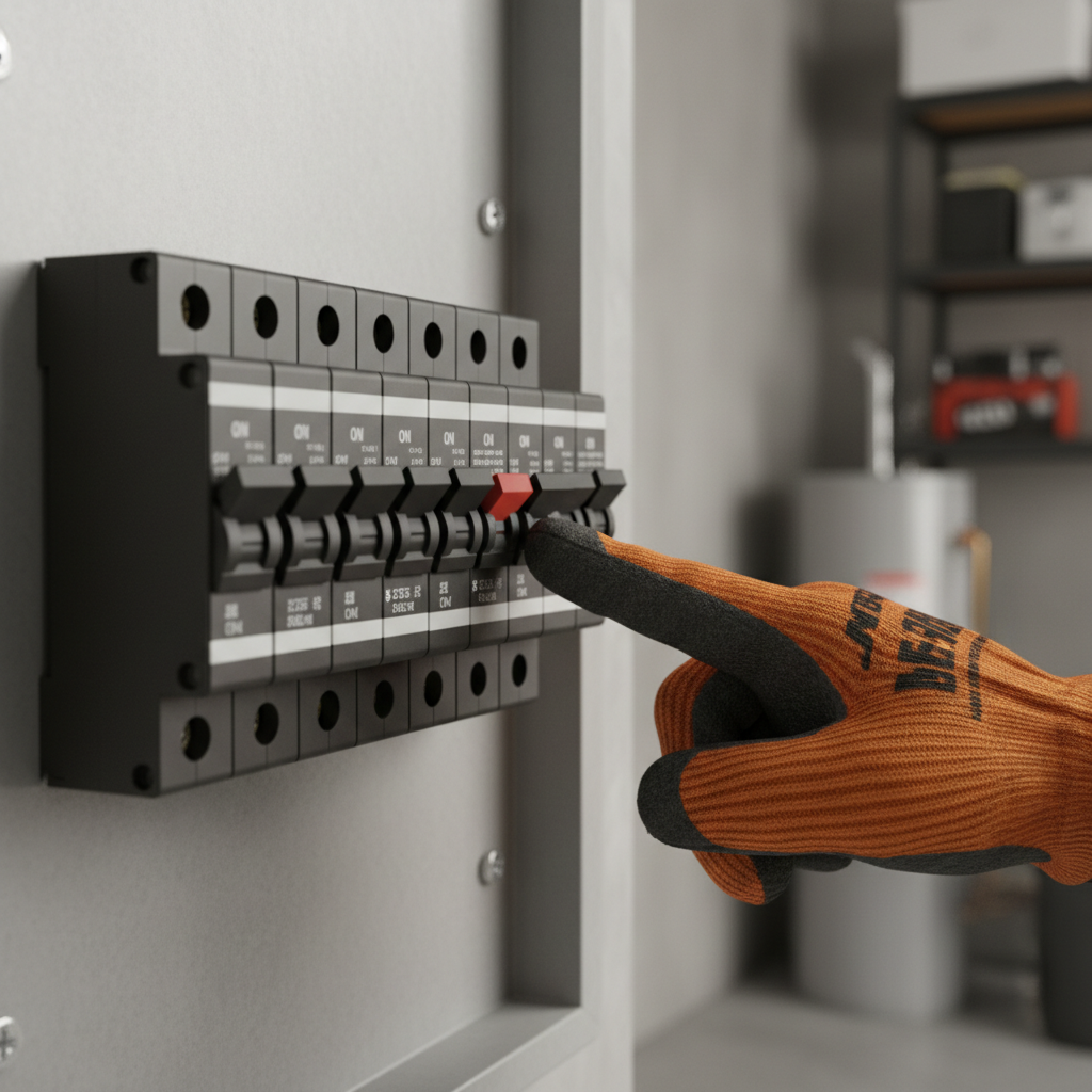 Homeowner identifying a tripped circuit breaker in an electrical panel