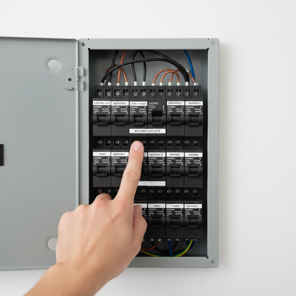 Homeowner's hand about to reset a tripped circuit breaker in a modern electrical panel, labels visible