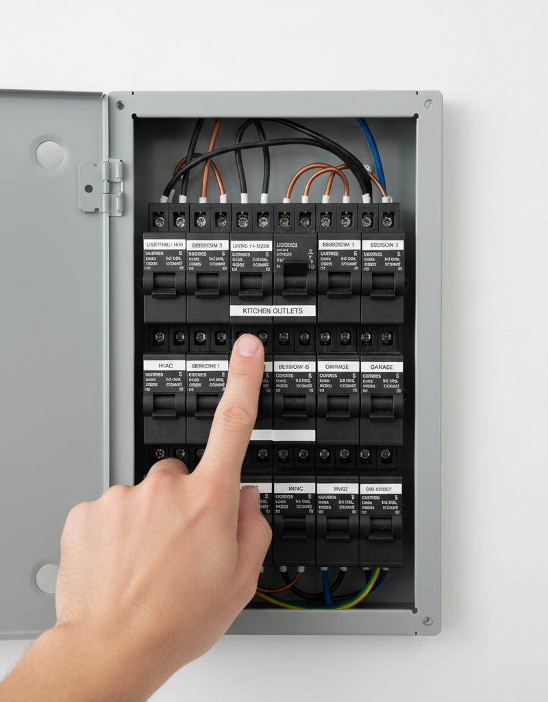 Homeowner's hand about to reset a tripped circuit breaker in a modern electrical panel, labels visible