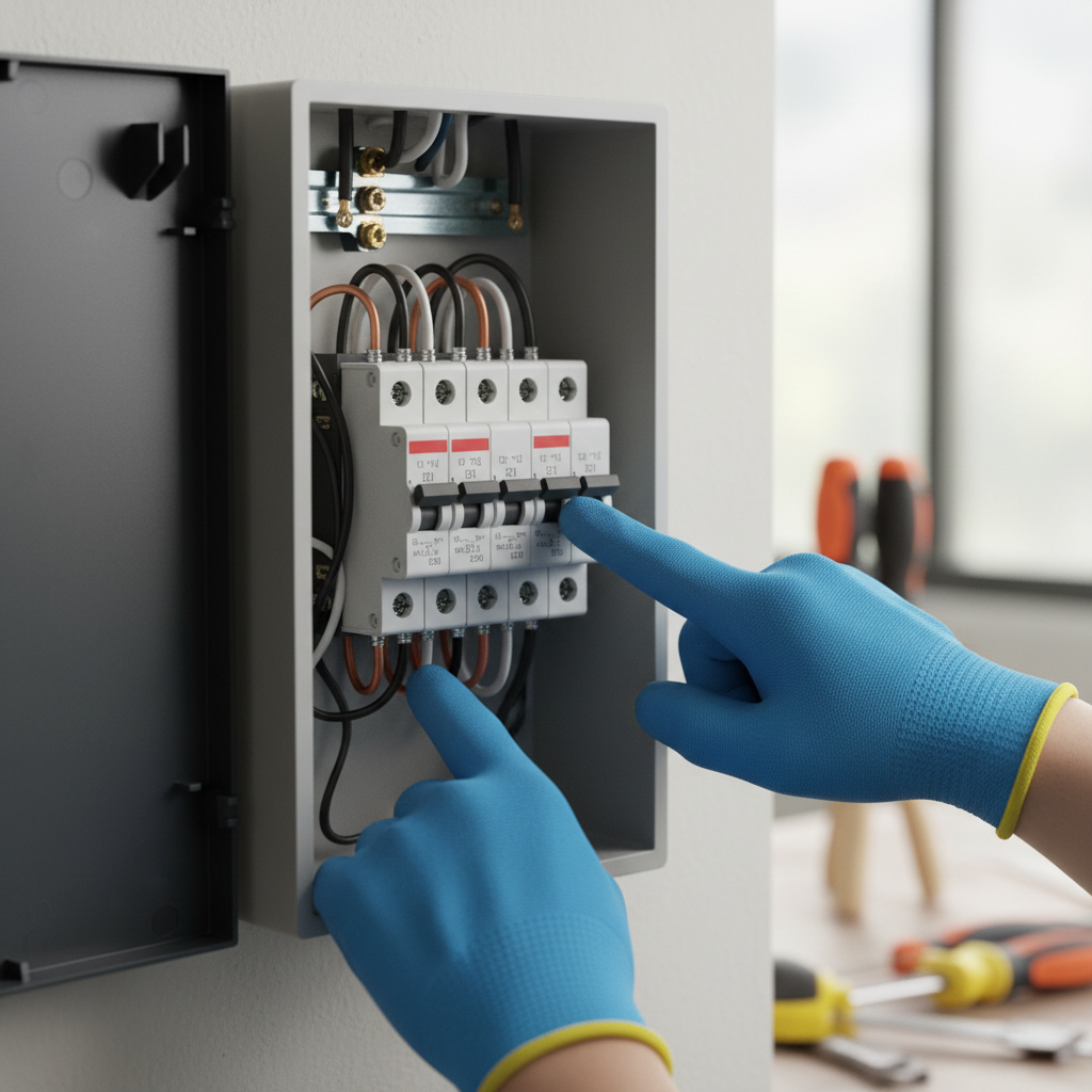 Homeowner identifying a tripped circuit breaker in an electrical panel.