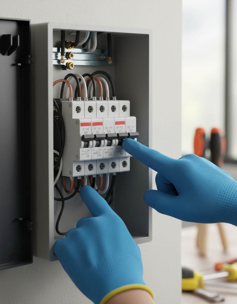 Homeowner identifying a tripped circuit breaker in an electrical panel.