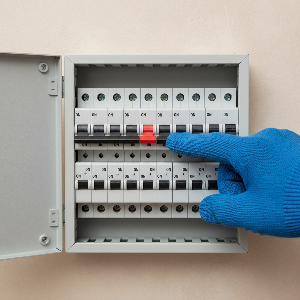 A close-up of a residential electrical panel with a tripped circuit breaker, indicating an electrical fault.