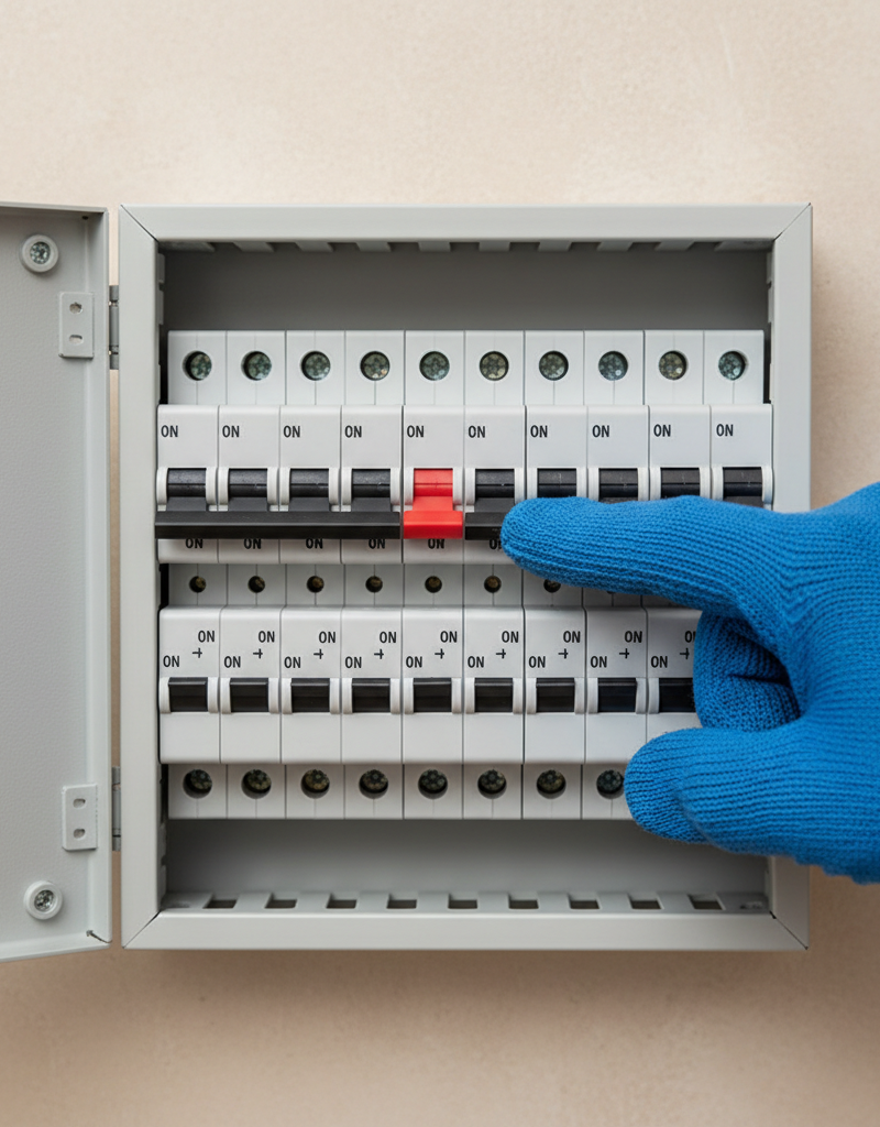A close-up of a residential electrical panel with a tripped circuit breaker, indicating an electrical fault.