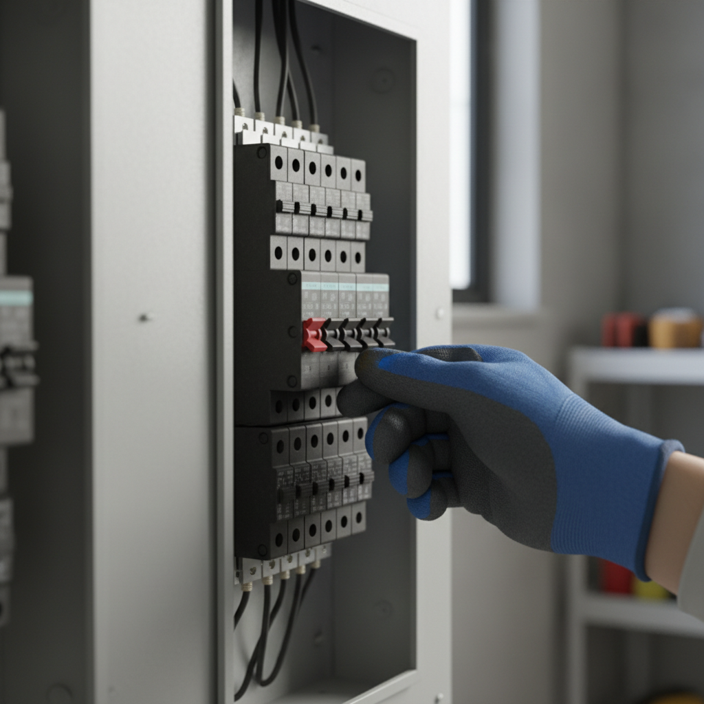 Homeowner examining a tripped circuit breaker in a modern electrical panel, hand reaching to reset it.