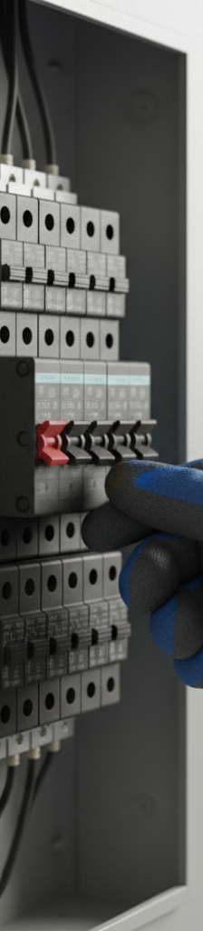 Homeowner examining a tripped circuit breaker in a modern electrical panel, hand reaching to reset it.