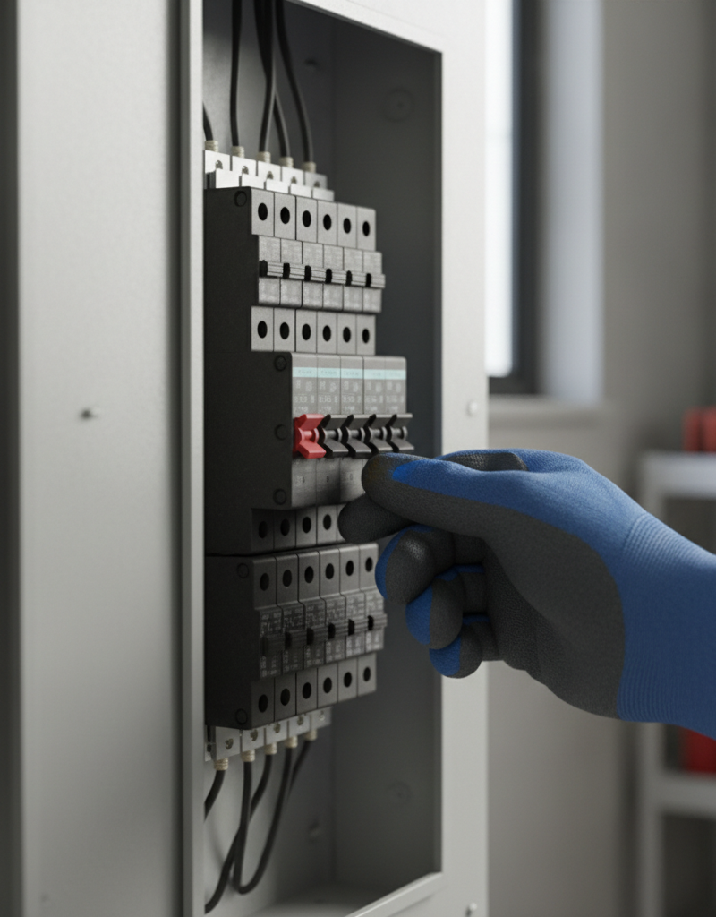 Homeowner examining a tripped circuit breaker in a modern electrical panel, hand reaching to reset it.