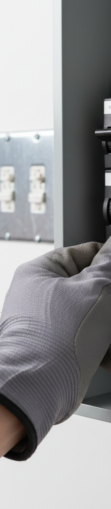 Homeowner's hand resetting a tripped circuit breaker in an electrical panel.