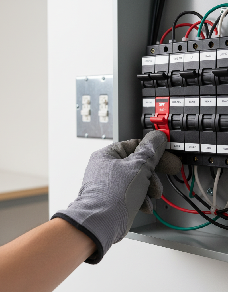 Homeowner's hand resetting a tripped circuit breaker in an electrical panel.