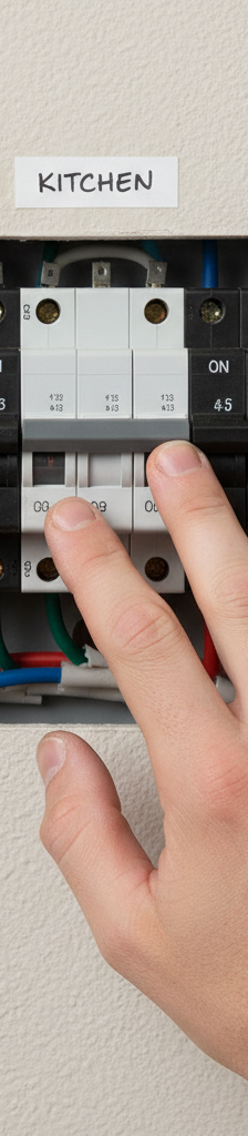 Homeowner's hand reaching towards a tripped circuit breaker in a modern electrical panel.