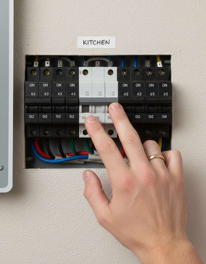Homeowner's hand reaching towards a tripped circuit breaker in a modern electrical panel.