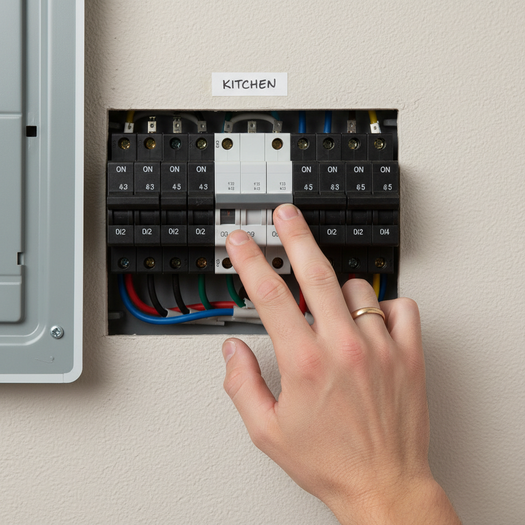 Homeowner's hand reaching towards a tripped circuit breaker in a modern electrical panel.
