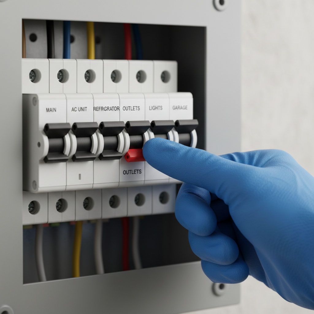 Homeowner's hand resetting a tripped circuit breaker in a modern electrical panel.