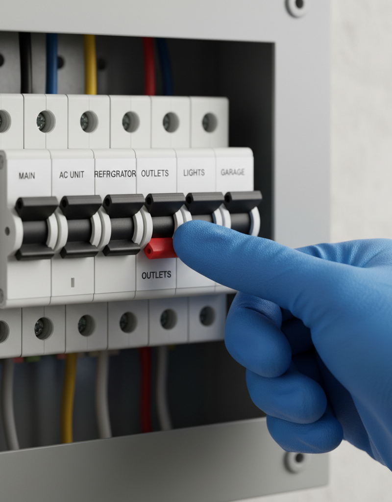 Homeowner's hand resetting a tripped circuit breaker in a modern electrical panel.