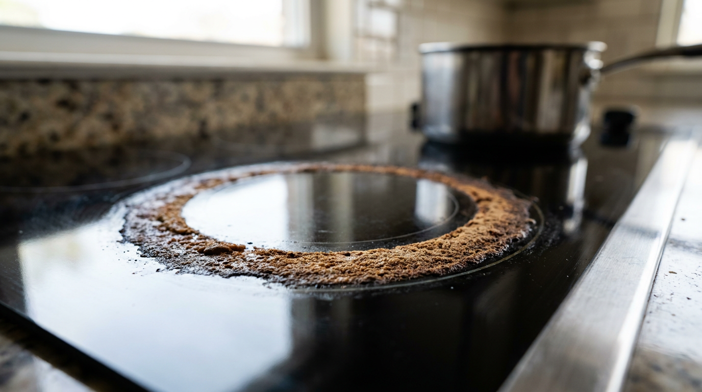 Burnt ring of grease and food residue on a black ceramic glass cooktop