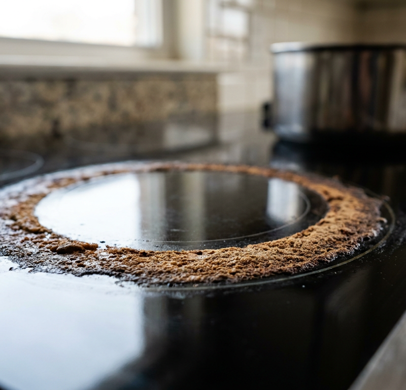 Burnt ring of grease and food residue on a black ceramic glass cooktop