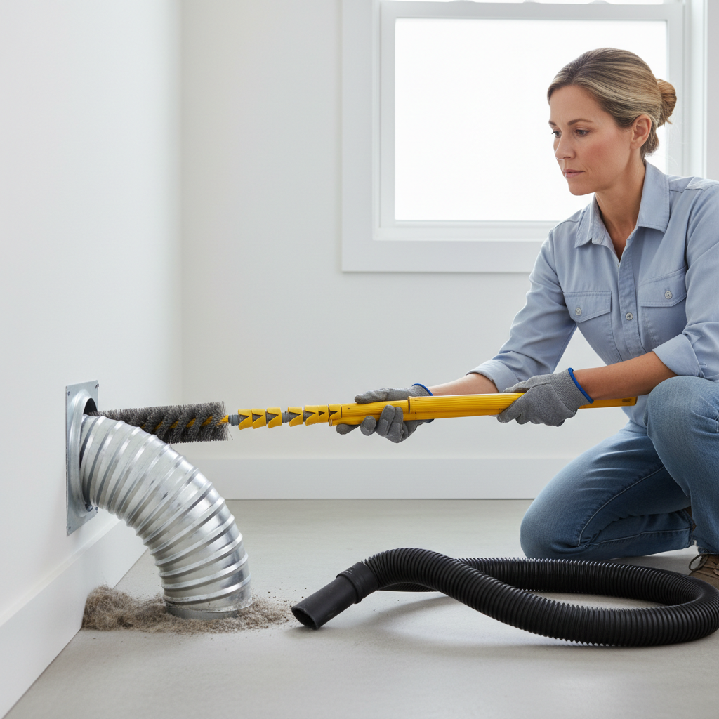 Homeowner cleaning a dryer vent with a specialized brush and shop vacuum to remove lint buildup.
