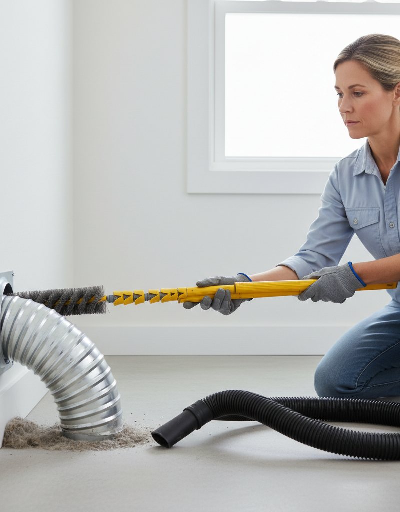 Homeowner cleaning a dryer vent with a specialized brush and shop vacuum to remove lint buildup.