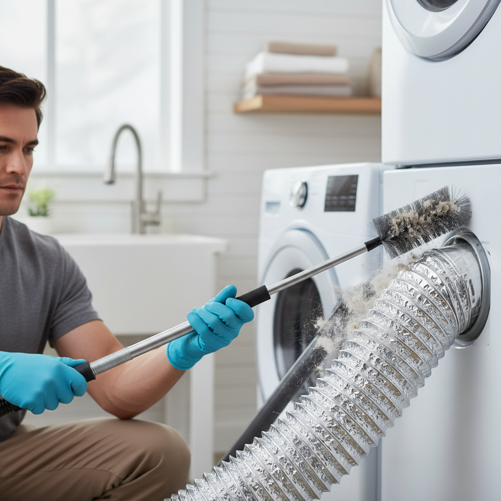 Homeowner cleaning lint from a dryer vent hose with an extendable brush