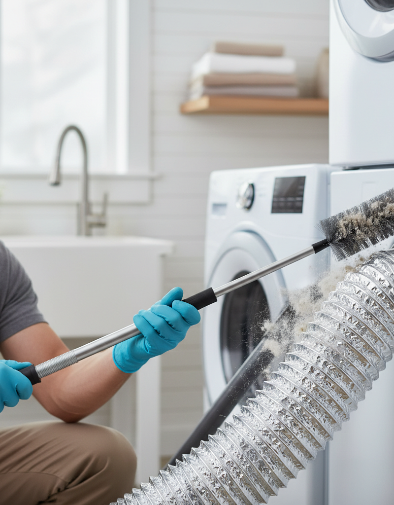 Homeowner cleaning lint from a dryer vent hose with an extendable brush