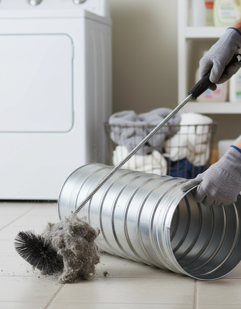 Homeowner cleaning a dryer vent with a brush to remove lint and prevent fires.