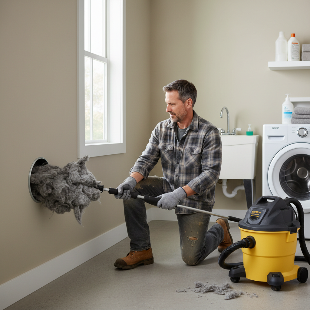 Homeowner cleaning a clogged dryer vent with a long brush, removing lint to prevent fire.