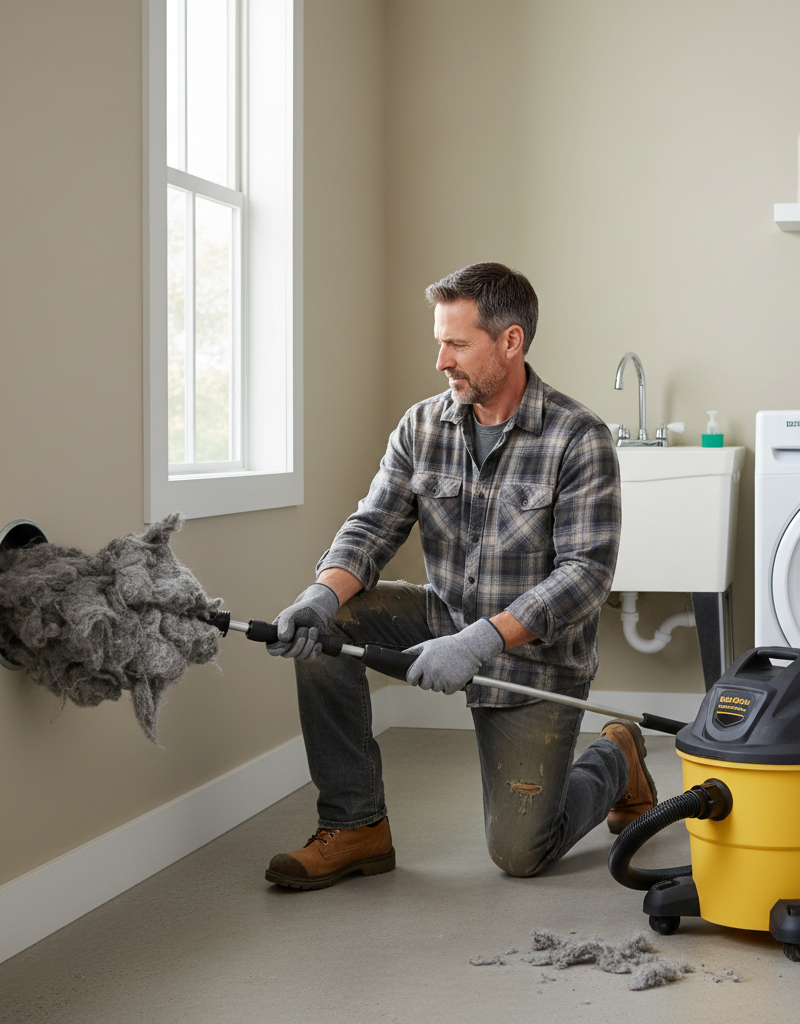 Homeowner cleaning a clogged dryer vent with a long brush, removing lint to prevent fire.