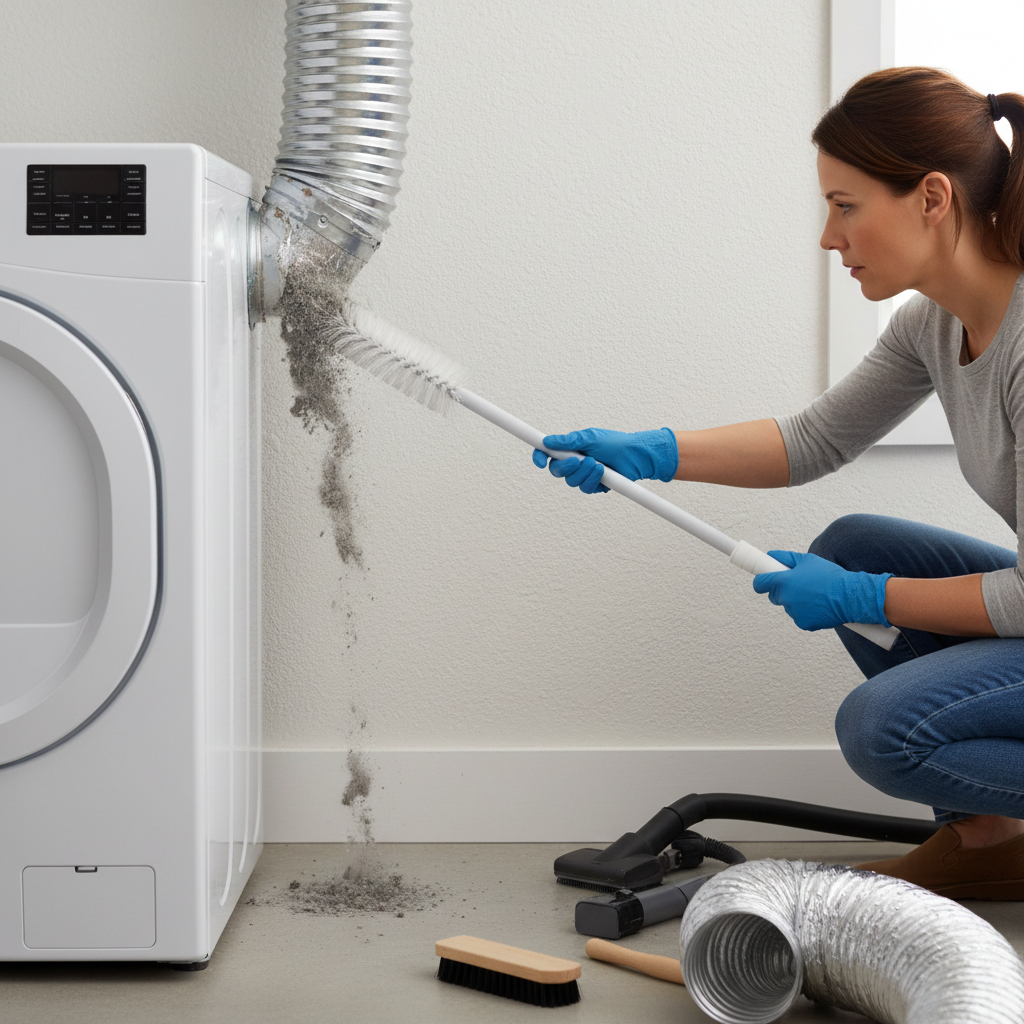 Homeowner cleaning a dryer vent duct with a specialized brush kit to prevent fires