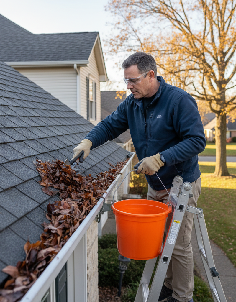 Homeowner on a ladder cleaning leaves and debris from a rain gutter to prevent roof damage.